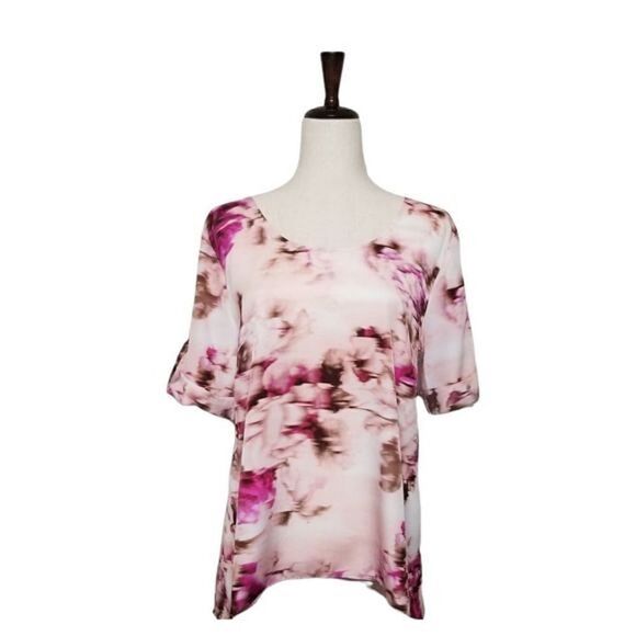 Jennifer Lopez Pink Floral Patterned Roll Tab Sleeve High/Low Blouse Size M - Picture 1 of 11